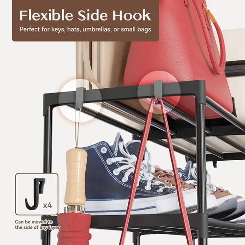 Vista 4 de SUFAUY Organizador grande para zapatos, 2 filas y 8 niveles, 32-40 pares con ganchos, metal resistente, apilable y ajustable, color negro