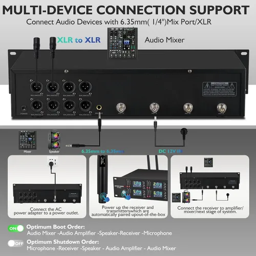 Vista 4 de Sistema de micrófono inalámbrico con micrófonos inalámbricos de 8 canales w/8 Handheld Dynamic Microphones, IR Auto Scan, 8x25 UHF Frequencies