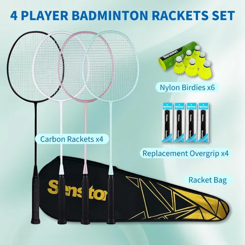 Vista 5 de Senston Juego de 4 raquetas de bádminton profesionales, fibra de carbono, 6 volantes, 4 agarres y bolsa para juegos de patio trasero 3.17 oz