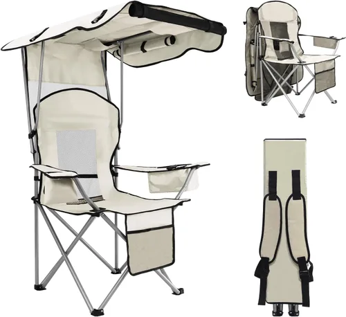 Vista 9 de BDL Silla de camping con toldo y sillas de playa plegables portátiles con refrigerador, respaldo de malla, portavasos y bolsillo para campamento