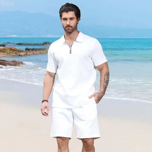 Vista 2 de Aulemen Conjunto deportivo de 2 piezas con cremallera para hombre, manga corta, camiseta polo y pantalones cortos, conjuntos de verano para hombre