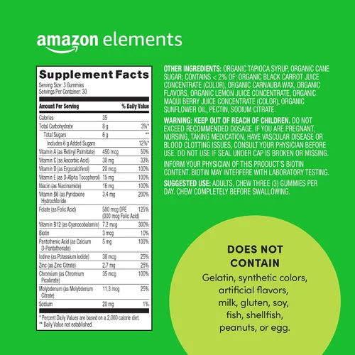 Vista 2 de Amazon Elements - Multivitamínico orgánico para hombre, 90 gomitas (3 gomitas por porción), vegetariano, sin gluten, certificado orgánico