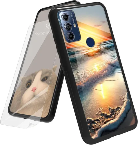 Vista 64 de Funda para Motorola Moto G Play 4G 2024 con protector de pantalla, parte trasera de vidrio templado + funda de silicona suave TPU absorción