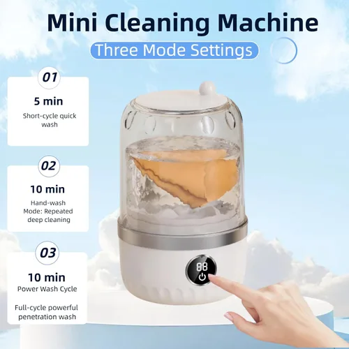 Vista 3 de Mini lavadora portátil, color blanco, capacidad de 2 litros, control táctil digital, diseño compacto para ropa interior y prendas delicadas