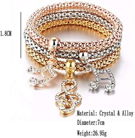 Vista 2 de Juego de 3 pulseras elásticas multicapa con forma de mariposa, corazón y llave, corona, pulseras de abalorios de cristal, pulsera de oro, plataoro