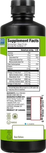 Vista 3 de Aceite de cáñamo orgánico Manitoba Harvest, prensado en frío, 0.24 oz (12 gr) de omegas 3 y 6 por porción, sin transgénicos, 8.45 fl oz