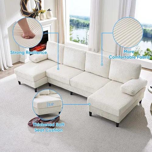 Vista 5 de Mjkone Sofá modular extragrande en forma de U de 110 pulgadas de ancho, juego de sofá de pana de 4 plazas con diván doble, sofá cama tapizado
