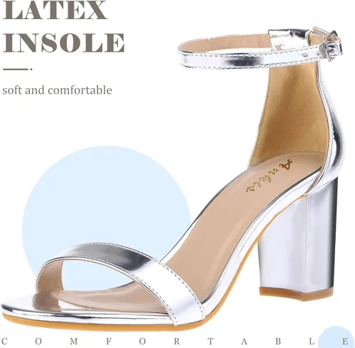 Vista 3 de Ankis Tacones para mujer, puntera abierta, correa de tobillo, tacón grueso, sandalias de 2.75 pulgadas