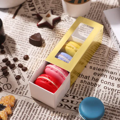 Vista 4 de 30 cajas de macarons para 4 o 5 macarons, cajas de regalo doradas para macarons, cajas de dulces, caja de macarons con ventana transparente