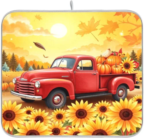 Vista 8 de Tapete de secado de platos de camión de otoño de 16 x 18 pulgadas, hojas de otoño, calabaza, girasol, almohadilla de secado de platos, protector