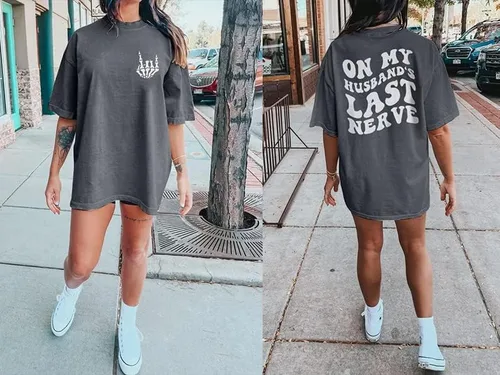 Vista 3 de SUPEYA On My Husband's Last Nerve - Camiseta de gran tamaño con texto en inglés "Wife Life", camisetas divertidas y sarcásticas gráficas casuales