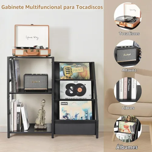 Vista 2 de Bikoney Soporte para Tocadiscos, Soporte para Tocadiscos con Almacenamiento de Discos de Vinilo de 3 Niveles, Mesa para Tocadiscos de Hasta 200