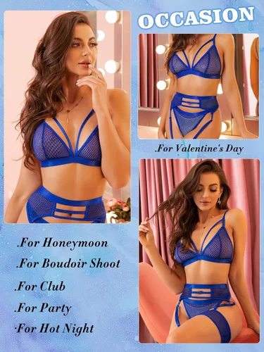 Vista 4 de popiv Conjunto sexy de lencería de red para mujer, conjunto de brasier y bragas de encaje con liguero, 4 piezas