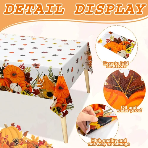 Vista 3 de Peryiter 4 manteles de otoño de Acción de Gracias, de 54 x 108 pulgadas, desechables, de plástico, rectangular, de plástico, con calabaza, cubierta