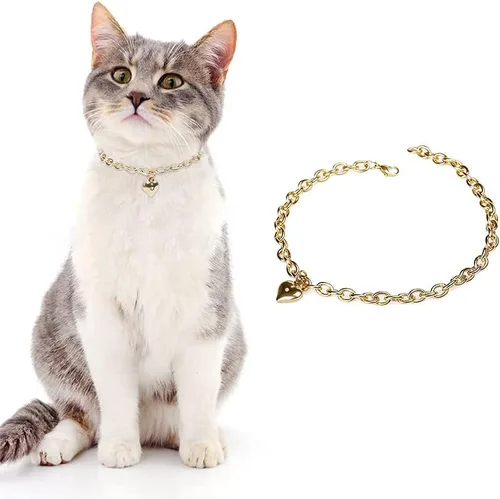 Vista 2 de HOWWFALY Collar para Perro y Cadena Collar para Gato de Acero Inoxidable Ajustable Collar en Forma de Corazón de Oro 18K para Mascotas Pequeñas