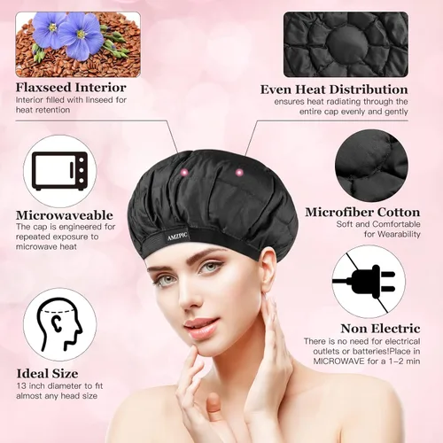 Vista 2 de Tapa térmica inalámbrica de acondicionamiento profundo, segura, tapa de calor para microondas para vaporizar, terapia de calor para el cabello, Negro