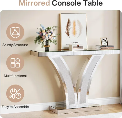 Vista 5 de Tribesigns Mesa de consola con espejo, moderna mesa de sofá de entrada plateada con marcos de incrustaciones de cristal para sala de estar, pasillo
