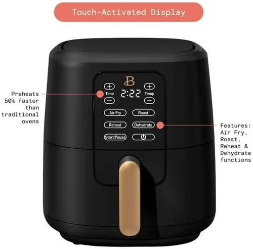 Vista 3 de Freidora de aire de 6 Qt con tecnología Turbocrisp y pantalla táctil activada, negra de Drew Barrymore, rangos de temperatura ajustables