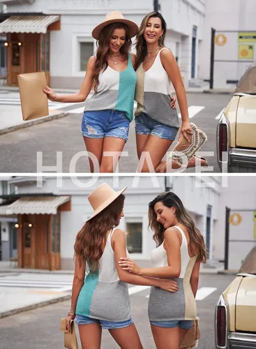 Vista 2 de HOTAPEI - Camisetas sin mangas con cuello en V de punto estilo casual con bloques de color a rayas para mujer