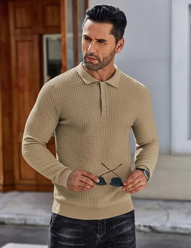 Vista 5 de COOFANDY Polo de punto para hombre, de manga larga, ligero, a la moda, informal, con cuello