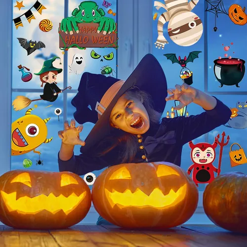 Vista 2 de Larcenciel Decoraciones de Halloween – 170 calcomanías para ventana y vidrio – Calcomanías espeluznantes para puerta de murciélago, araña, zombi