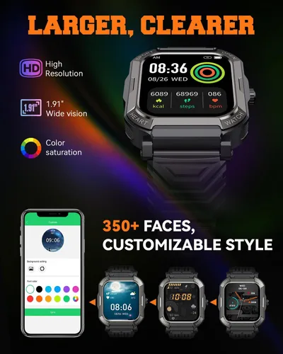Vista 6 de Reloj inteligente para hombre, rastreador de ejercicio: relojes digitales militares para hombre, Bluetooth, responder llamadas, correr, impermeable