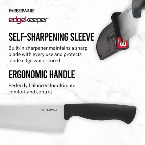 Vista 3 de Farberware Edgekeeper – Cuchillo Santoku de 5 pulgadas con funda autoafilable, cuchillo de cocina de acero inoxidable de alto carbono con mango Negro