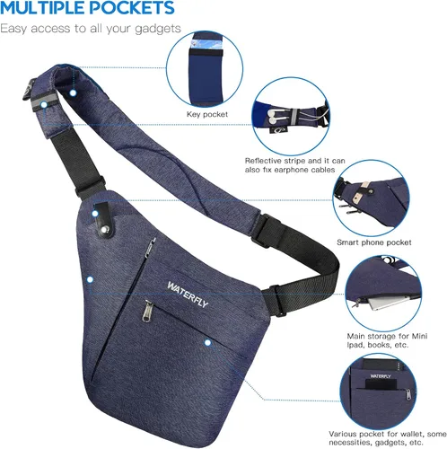 Vista 3 de WATERFLY Bolso bandolera bandolera con eslinga bolsa cruzada delgada antirrobo, mochila sobre el hombro, paquete lateral sigiloso para hombre