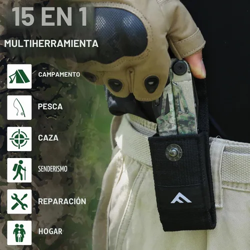 Vista 7 de FLISSA Multiherramienta, cuchillo de bolsillo multiherramienta 15 en 1 con funda, alicates multiherramienta EDC de acero inoxidable para hombres