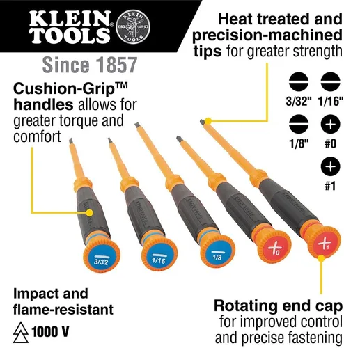 Vista 2 de Klein Tools 6233INS - Destornillador de precisión aislado, mini destornillador eléctrico Phillips #0, 1000 voltios, mango de agarre acolchado