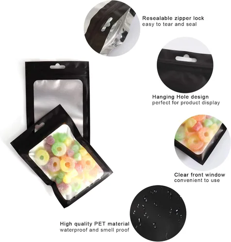 Vista 3 de 100 bolsas de Mylar resellables, a prueba de olores, con ventana transparente; bolsa de papel aluminio, plana, con cierre resellable.