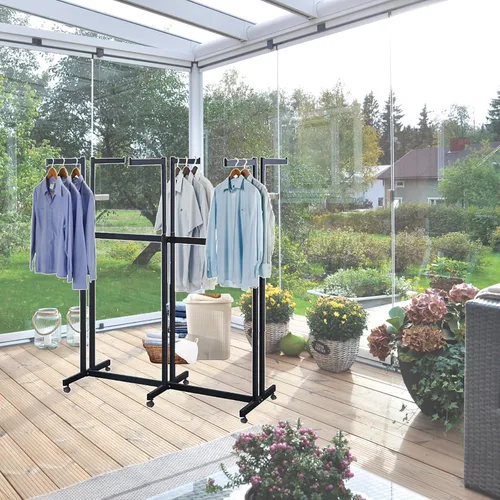 Vista 7 de Perchero de pie de metal para ropa - Estantes de exhibición resistentes para uso comercial con ruedas, perchero de ropa de 6 brazos, perchas