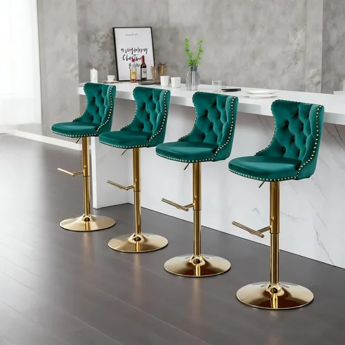 Vista 13 de Taburetes de bar giratorios de terciopelo con base dorada, juego de 4 sillas ajustables para isla de cocina Beige