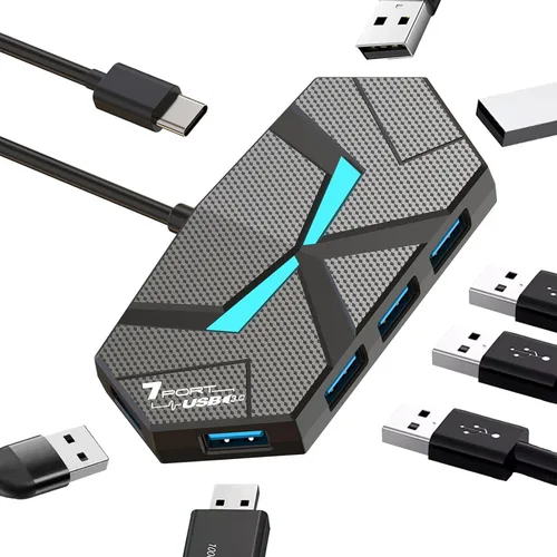 Vista 10 de Hub USB A con 7 puertos de 3.9 pies de largo, divisor de concentrador USB 3.0 múltiple, adaptador extensor USB para laptop, escritorio, PC, unidad