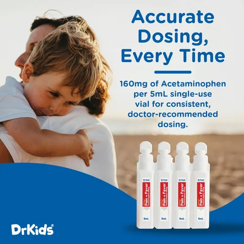 Vista 5 de Dr. Kids Medicina infantil para el dolor y la fiebre, acetaminofeno para niños de 2 a 11 años, viales de un solo uso premedidos para dolor