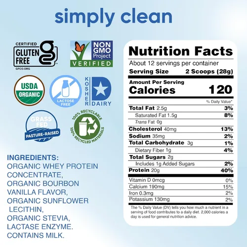 Vista 2 de simply tera's Polvo de proteína de suero orgánico sin lactosa, sin lactosa, vainilla, 0.71 oz de proteína por porción, sin OMG, sin gluten, sin