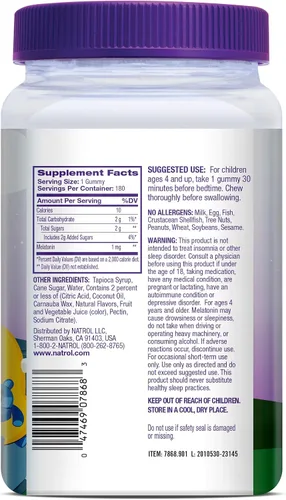 Vista 9 de Natrol Melatonina para niños 1 mg, suplemento dietético para un sueño reparador, gomitas de melatonina para niños, 180 gomitas con sabor a