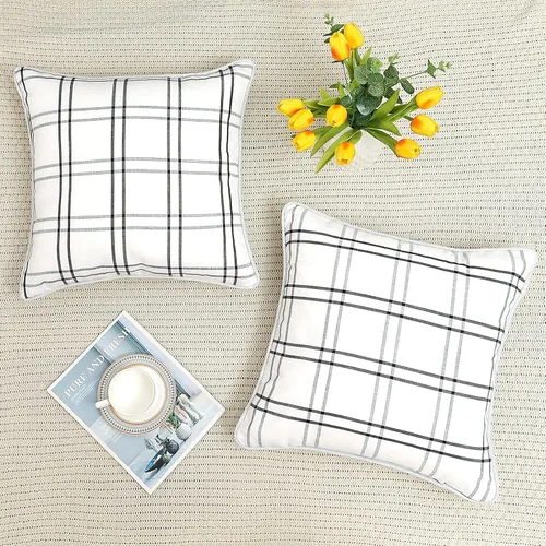 Vista 12 de Amzdecor Buffalo - Fundas de almohada a cuadros beige y blanco, 18 x 18 pulgadas, paquete de 2