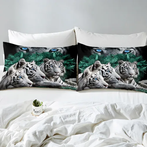 Vista 4 de Feelyou Juego de funda de edredón de tigre, diseño de animales salvajes, para niños y adultos, juego de funda de edredón de gatos safari, suave
