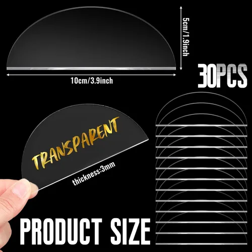 Vista 2 de Bucherry 30 tarjetas de lugar de acrílico transparente para bodas, 2 x 4 pulgadas, tarjeta de número de mesa de medio círculo, placa