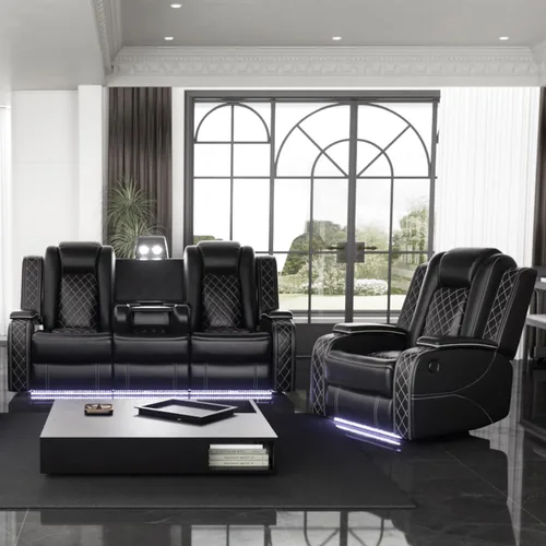Vista 40 de Juego de sofá modular reclinable eléctrico con luz LED, juego de sofá modular reclinable de cuero, incluye sillón reclinable individual, juego