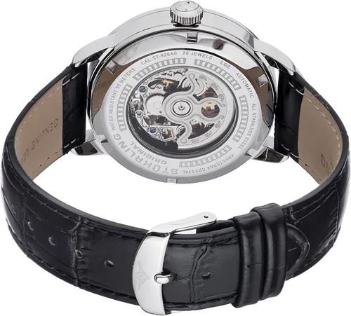 Vista 3 de Stuhrling Original Reloj de hombre 696.02 Legacy Automatic Skeleton Date con correa de cuero negro, NegroPlata, Moderno