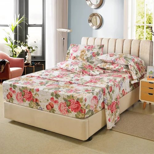 Vista 7 de ABREEZE Juego de sábanas con estampado floral beige, juego de ropa de cama bohemio, juego de ropa de cama de lujo de 4 piezas, medallón de damasco