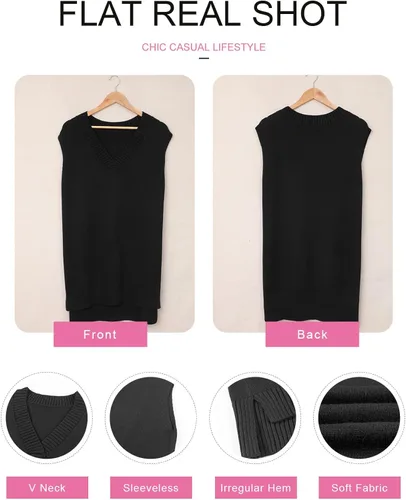 Vista 4 de EVLAESS - Chaleco de gran tamaño para mujer, cuello en V, sin mangas, color sólido, suéter suelto
