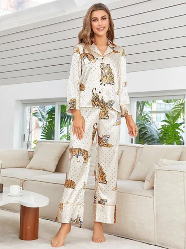 Vista 3 de WDIRARA Conjunto de pijama de manga corta y pantalones de satén a rayas para mujer