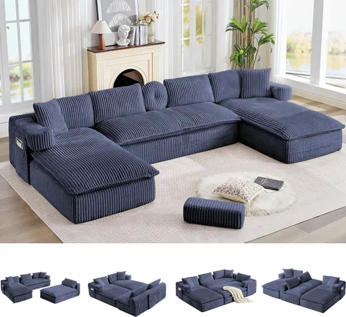 Vista 28 de Sofá grande sin hueso de 125 pulgadas con diván, moderno sofá modular con asiento profundo, sofá tapizado de pana en forma de U para sala de estar