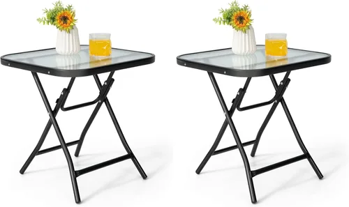 Vista 12 de GIANTEX Mesa auxiliar redonda plegable, mesa de patio con mesa de vidrio Semitransparente + Negro