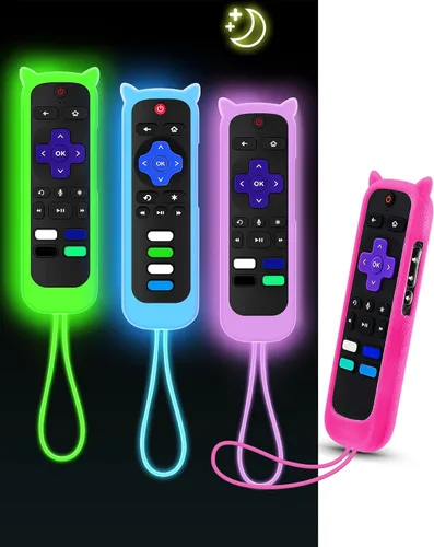 Vista 17 de ONEBOM - Juego de 2 fundas para control remoto Roku con diseño de orejas de Azul resplandor y rosa brillante