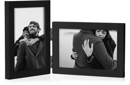 Vista 23 de Marco de fotos doble de 4 x 6 pulgadas con bisagras horizontales, marco de fotos plegable en madera de pino negro con vidrio real para mesa