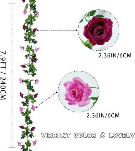 Vista 2 de Floweroyal Paquete de 2 guirnaldas de flores artificiales de 15.8 pies, flores de seda falsas de hiedra rosa para colgar en el arco de boda, fiesta